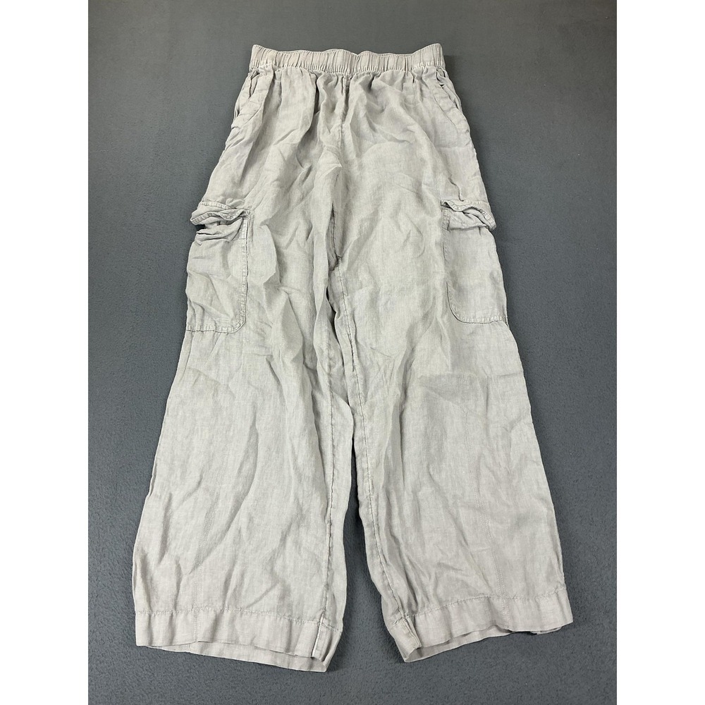 C&C California Pants Womens L Gray Linen Cargo Relaxed Elastic Waist Casual
